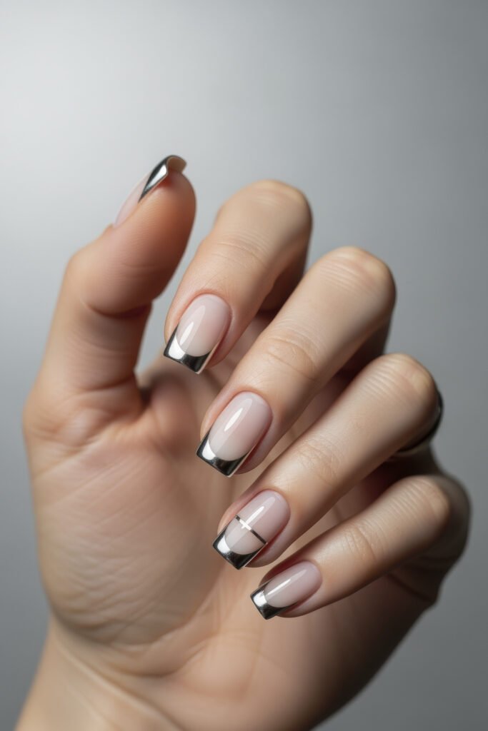 Milky White With Chrome Nails That Look Luxe 4 Square nails with a pale nude base and bold chrome silver French tips, including a single accent nail with a fine horizontal stripe detail.