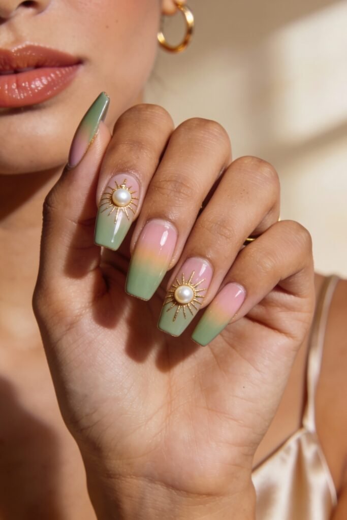 Close-up of a hand with pink and green ombré nails in a square shape, adorned with pearl-centered golden sunburst charms that highlight a soft, radiant pink and green nails palette.