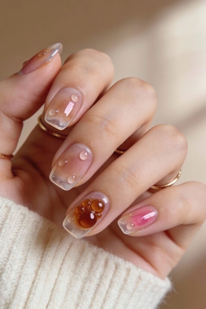 3d Nail Art Ideas That Look Luxe and Wearable 5 Short, translucent nails with jelly-like 3d nail art mimicking droplets in pink, amber, and clear tones, resembling dewdrops or bubbles.