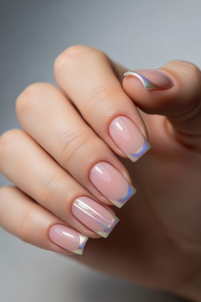 Fresh, Luxe Spring Nail Designs You’ll Want to Save 5 Soft square nails with nude polish and iridescent holographic French tips, giving a subtle, shimmering finish perfect for spring.
