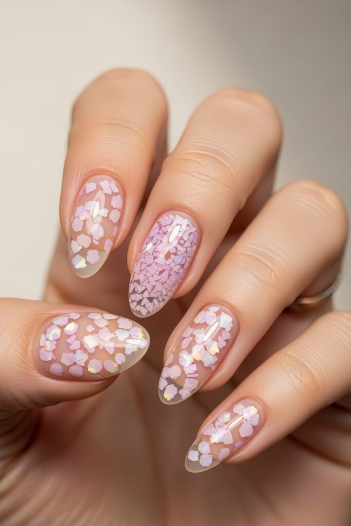 Almond-shaped nails with a clear base adorned in shimmering pastel pink confetti flakes, creating a delicate and whimsical Easter nails aesthetic.