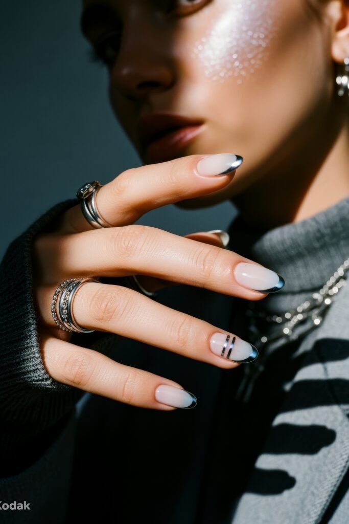 Hand with short oval nails featuring minimalistic chrome silver tips and one accent nail with black stripes, evoking a modern take on Winter Nails.
