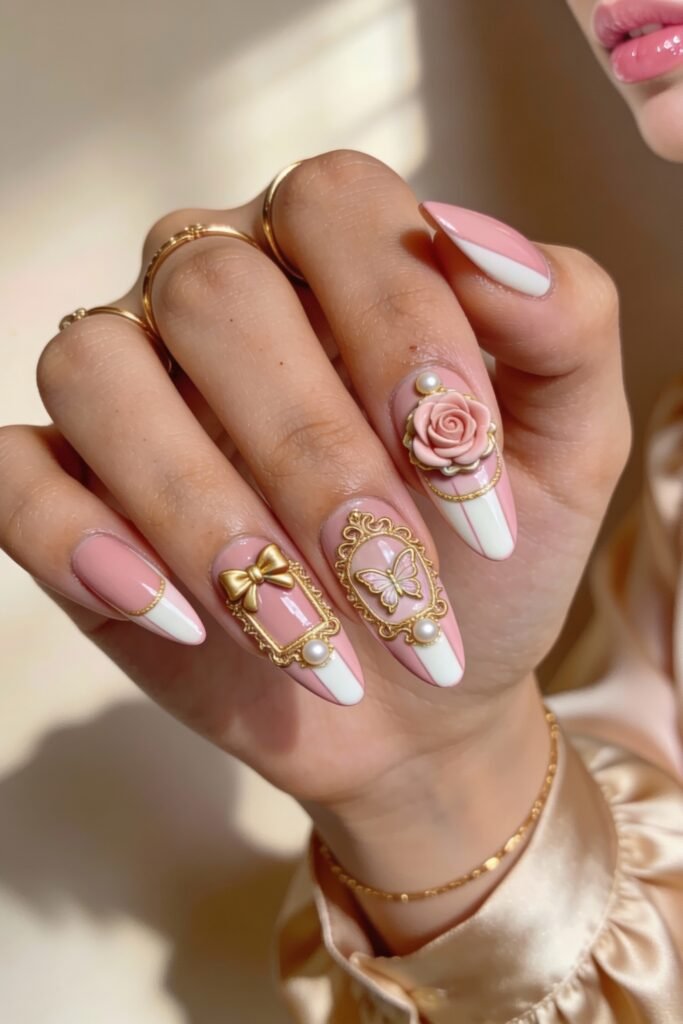Long almond-shaped pink and gold nails featuring intricate 3D designs like a rose, bow, butterfly, and pearls in ornate golden frames.