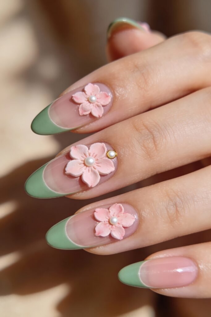 Almond-shaped nails with clear bases, light green French tips, and intricate 3D pink flowers with pearl centers, combining delicate floral elements with a classic pink and green nails color scheme.
