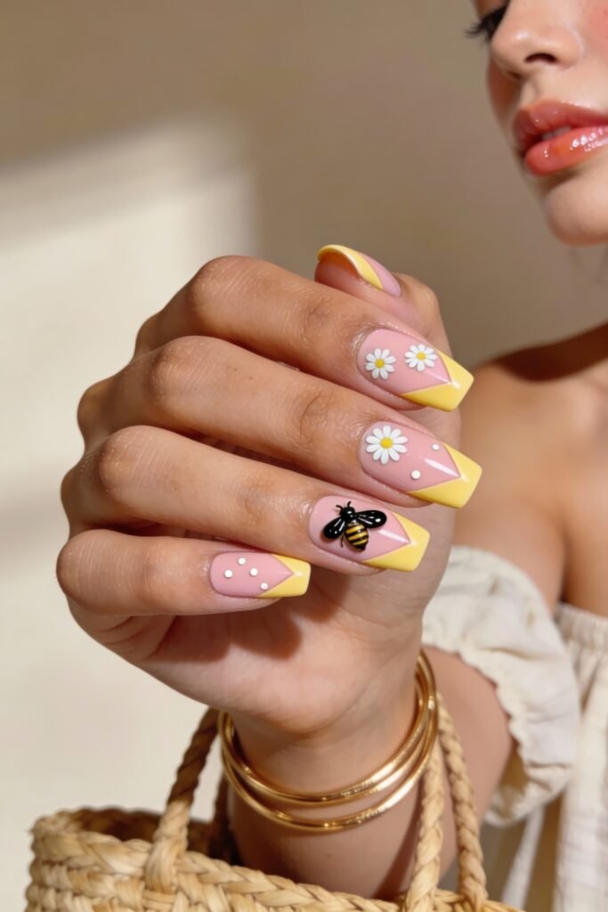 Pink and Yellow Nails That Feel Bright and Wearable 5 Square pink and yellow French tip nails with white polka dots, daisies, and a 3D bumblebee embellishment on one finger. The hand holds a woven straw bag, and the person wears gold bangles and an off-shoulder cream top.