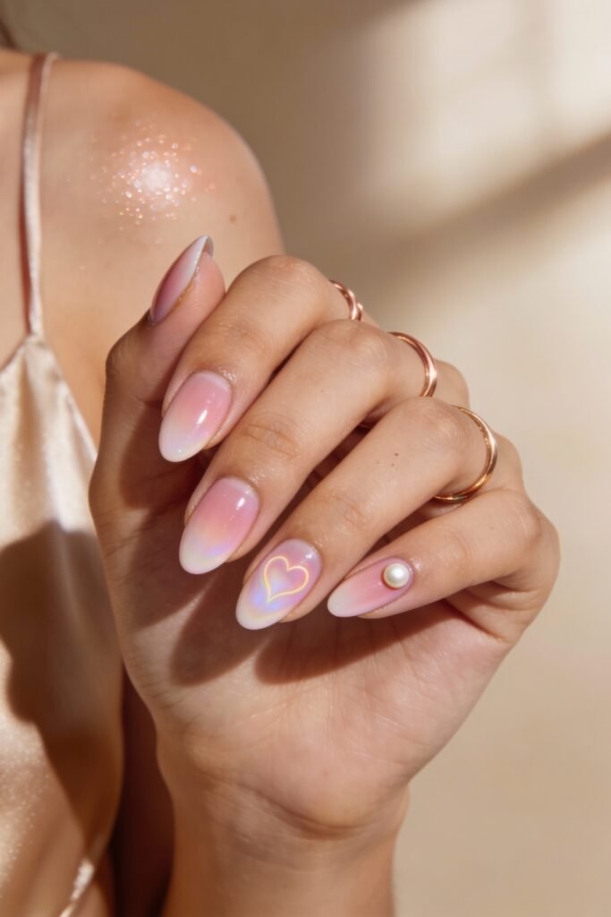 Pink Valentines Nails That Feel Chic, Glossy, and New 5 Gradient pink valentines nails with a pearly sheen, featuring a glowing heart outline and pearl embellishment.