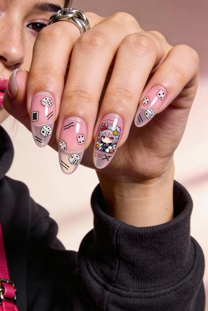 Playful nail design featuring anime art and dice motifs across soft pink and clear nails, combining pop culture elements with bold, whimsical Nail Art Ideas.