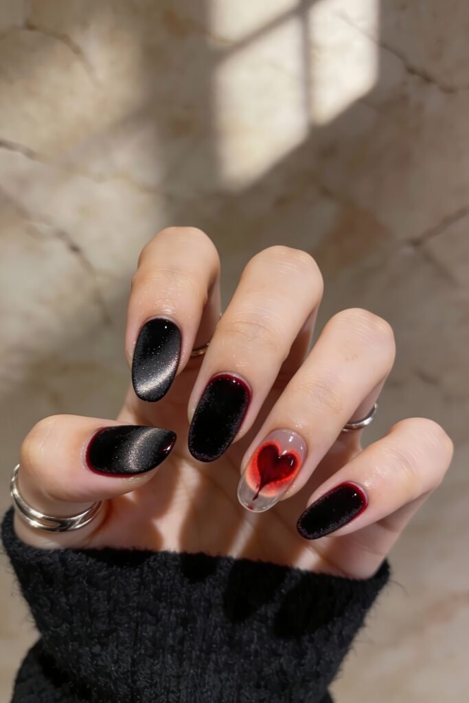 Gothic Valentines Nails That Feel Dark and Romantic 5 Gothic valentines nails with a mix of velvet black and ombre red polish, highlighted by a transparent accent nail with a dripping heart design.