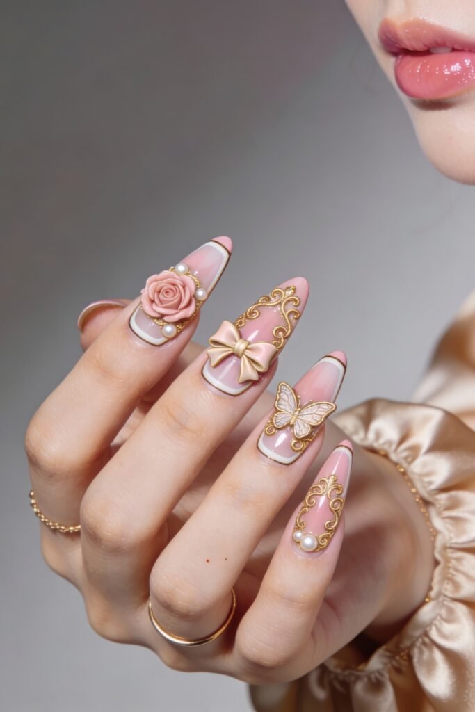 Alternate angle of the ornate pink and gold nails, showcasing detailed embellishments and the soft pink and white base.