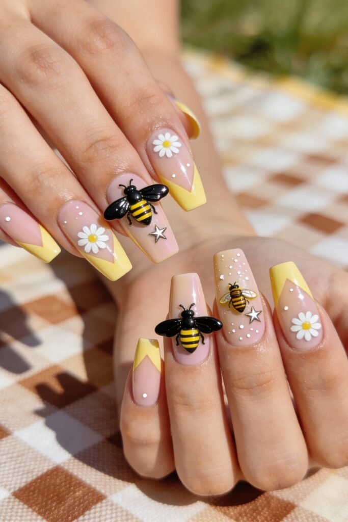 Pink and Yellow Nails That Feel Bright and Wearable 6 A set of square nails with pink and yellow French tips, decorated with 3D bumblebee charms, daisies, stars, and tiny white dots. The hands are shown over a checkered picnic blanket.