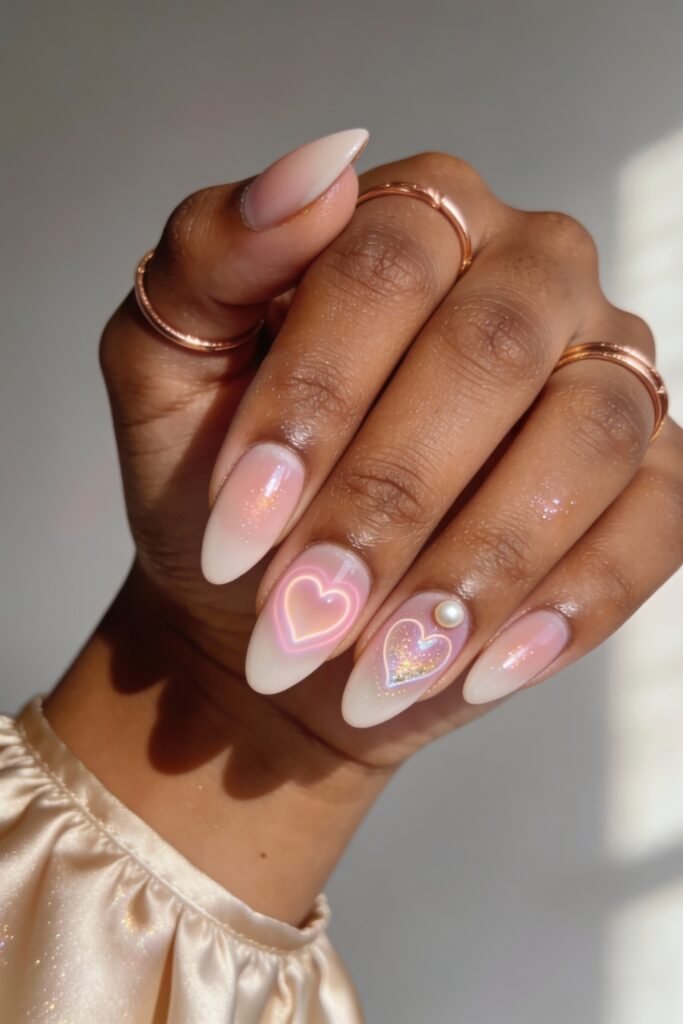 Pink Valentines Nails That Feel Chic, Glossy, and New 6 Ombre pink valentines nails with soft white tips, featuring glowing heart designs and pearl accents for a dreamy effect.