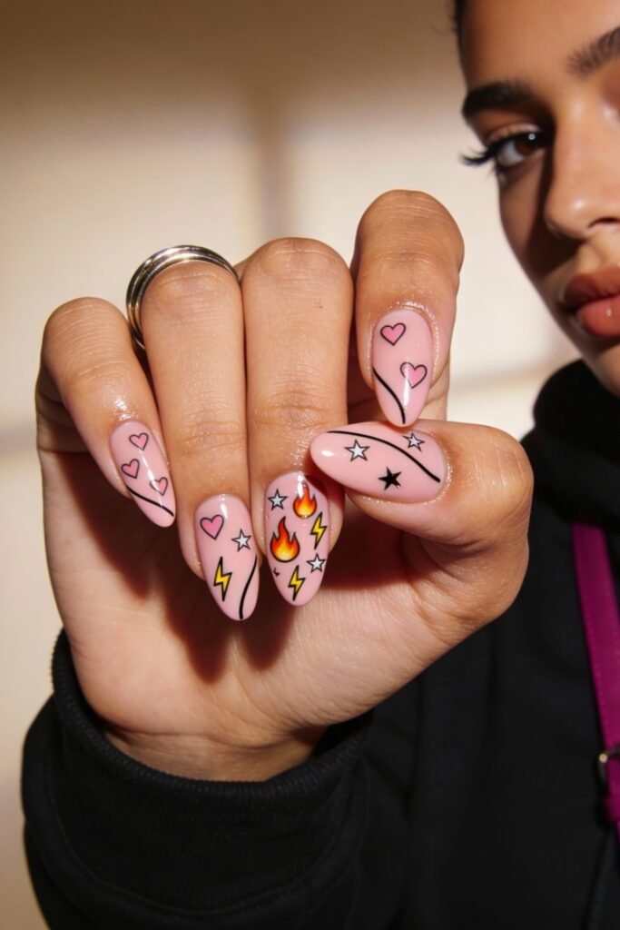 Close-up of cartoon-inspired nail art on a light pink base, decorated with hearts, lightning bolts, flames, and stars for a vibrant and expressive Nail Art Ideas look.
