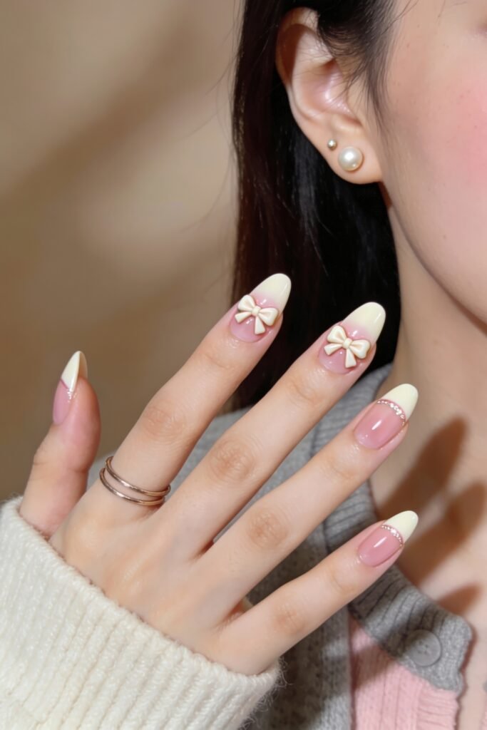 3d Nail Art Ideas That Look Luxe and Wearable 6 Almond-shaped nails in a soft pink and cream French tip combo, featuring playful 3d nail art with ivory bow designs and subtle rhinestone accents.