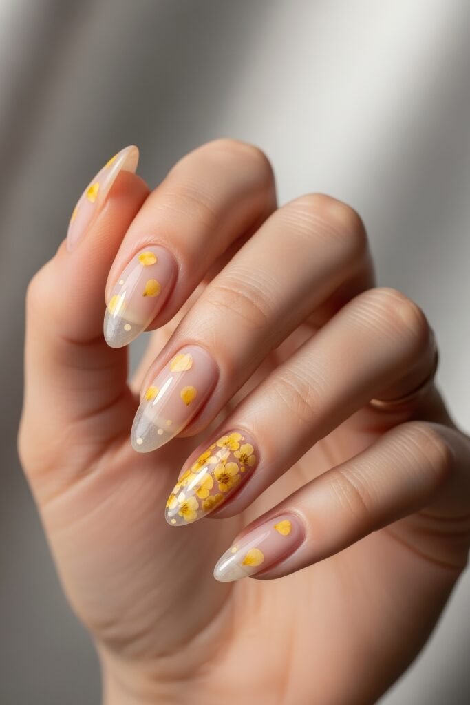 Fresh, Luxe Spring Nail Designs You’ll Want to Save 7 Almond-shaped nails with translucent bases, decorated with delicate yellow floral petals and blossoms, capturing a whimsical springtime feel.