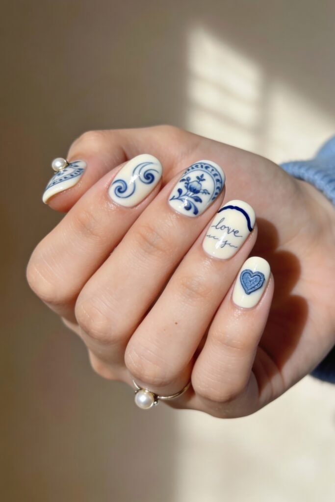 Short oval nails featuring intricate blue floral and swirl patterns on a cream base, with a small heart and "love" script detailing for a romantic blue valentine nails aesthetic.