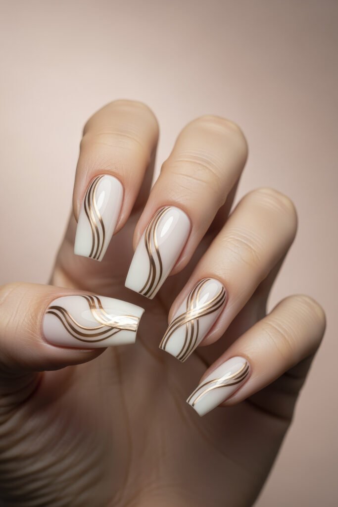 Milky White With Chrome Nails That Look Luxe 7 Square nails with a milky white base and flowing, metallic rose gold swirl designs that create a luxurious and elegant pattern.
