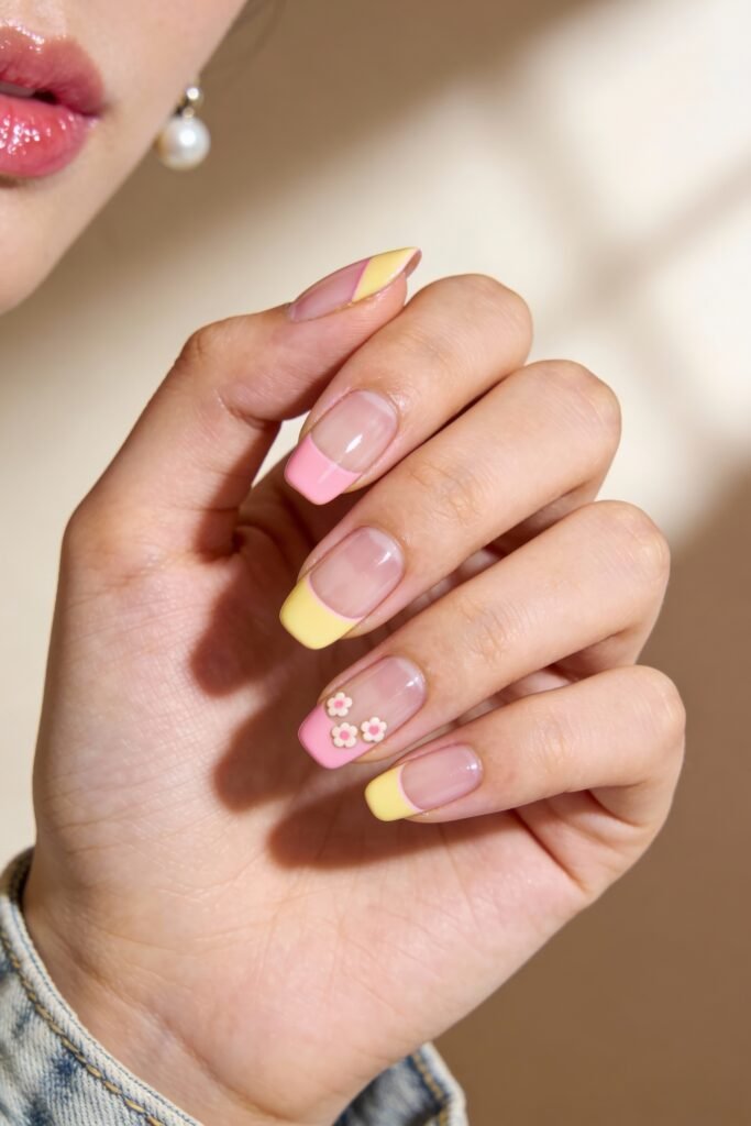 Pink and Yellow Nails That Feel Bright and Wearable 7 Short square nails with pink and yellow French tips. One nail features a diagonal pink and yellow design, and another is adorned with three tiny flower embellishments. The person wears a pearl earring and a denim jacket.