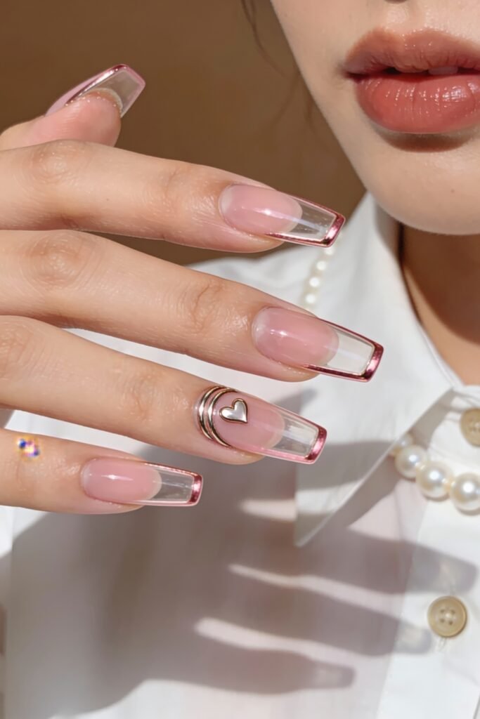 Pink Valentines Nails That Feel Chic, Glossy, and New 7 Long square pink valentines nails with clear centers and metallic pink borders, accented by a silver heart charm on one finger.