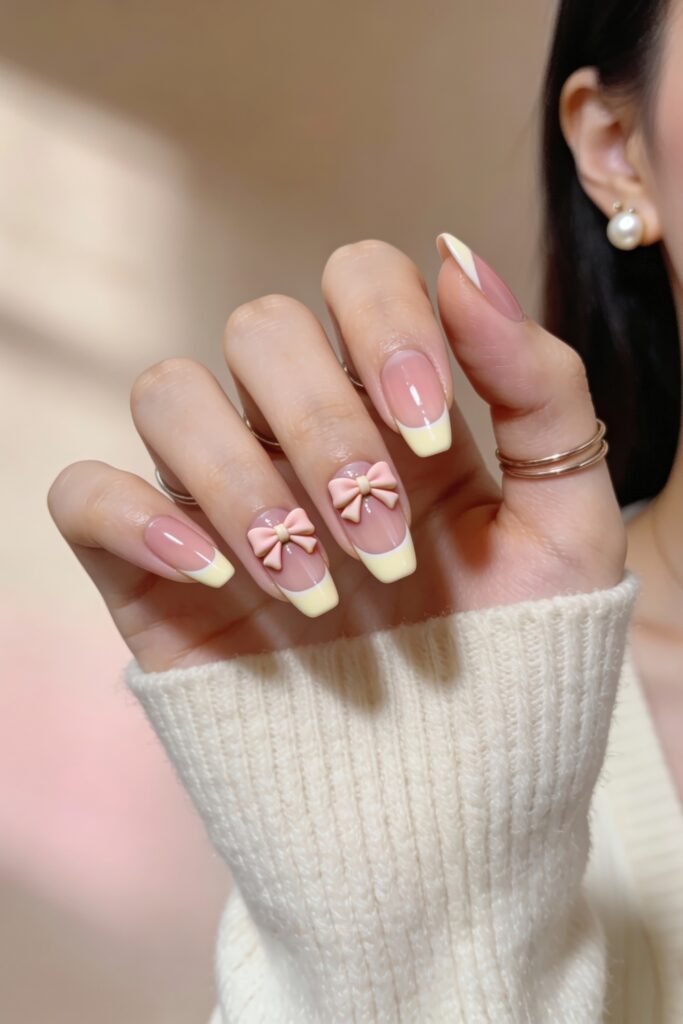 3d Nail Art Ideas That Look Luxe and Wearable 7 Squared nails with pastel yellow French tips, highlighted by cute pink 3d bows on the middle fingers, combining a sweet, girly style with clean lines.