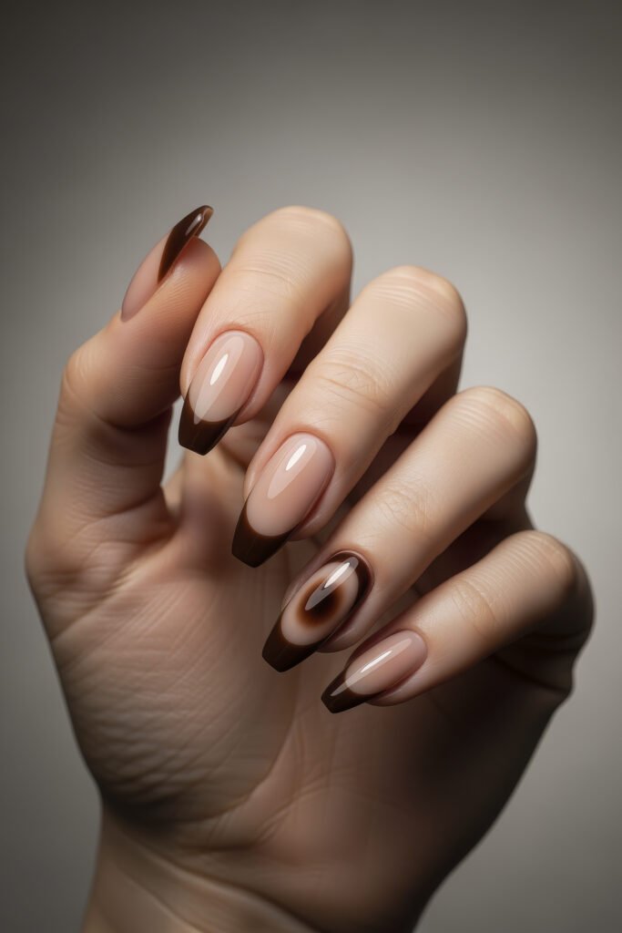 Almond-shaped acrylic nails with chocolate brown French tips and a circular swirl accent on the ring finger, blending minimalism with creative flair.