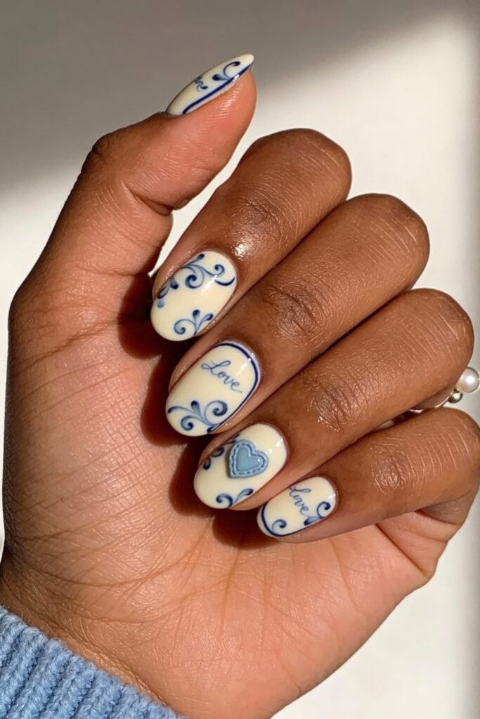 A creamy beige manicure with elegant navy blue scrollwork and multiple "love" and heart motifs, blending vintage charm with a delicate blue valentine nails vibe.