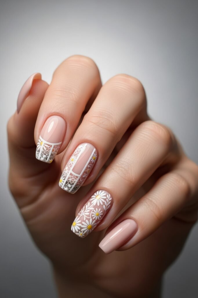 Detailed daisy floral designs and lace-like white patterns over soft pink nails, combining elegance and freshness for a chic Easter nail design.