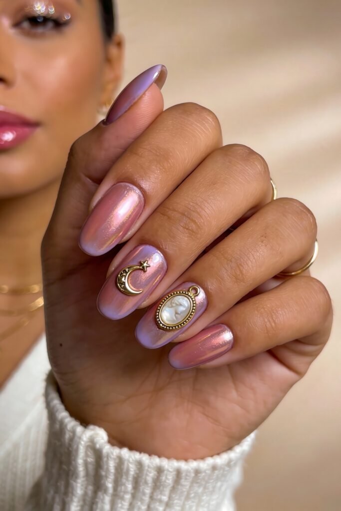 Close-up of iridescent pink nails with gold detailing, featuring a crescent moon on one finger and a white cameo charm on another.
