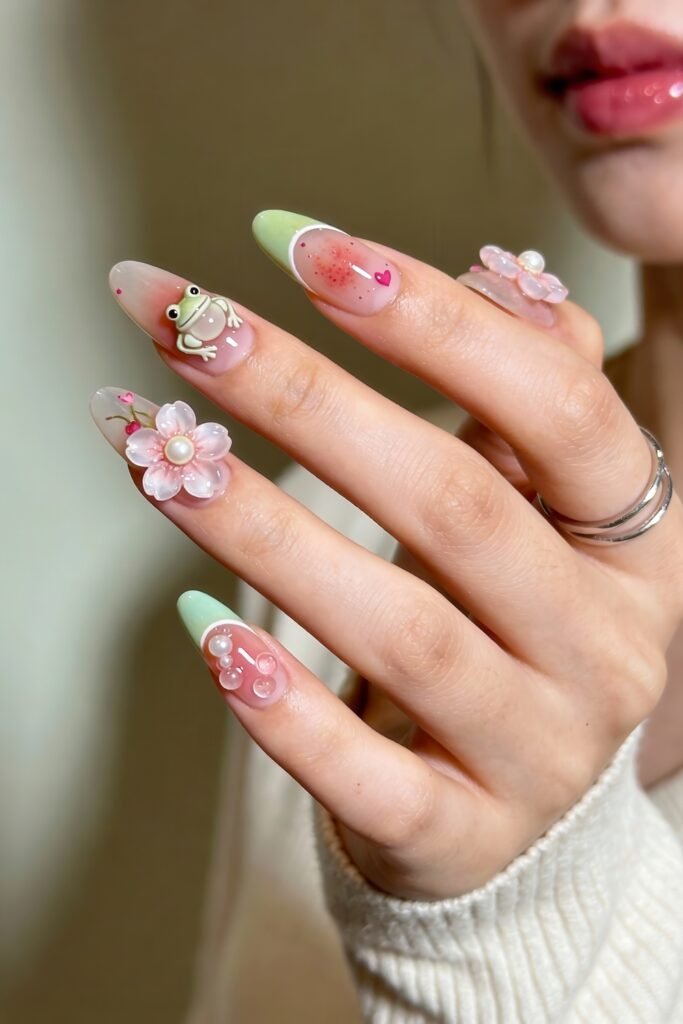 Almond-shaped nails with light green tips and clear bases, decorated with pink hearts, 3D flowers, a tiny frog, and pearl cherries for a charming and playful pink and green nails vibe.