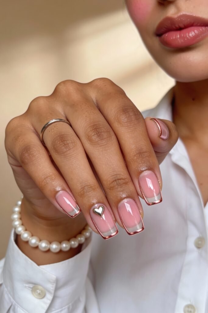 Pink Valentines Nails That Feel Chic, Glossy, and New 8 Short square pink valentines nails with clear tips outlined in metallic pink and a central silver heart charm.