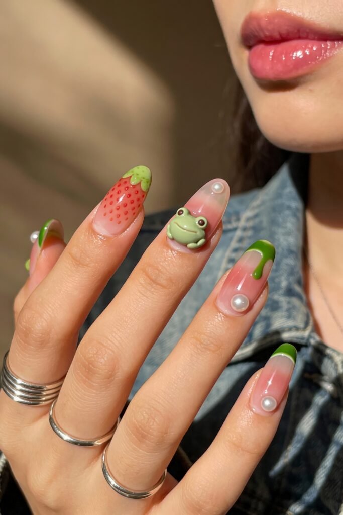 A hand with almond nails featuring translucent pink bases, glossy green tips, a strawberry design, 3D frog art, and pearls, capturing a quirky and fresh pink and green nails style.