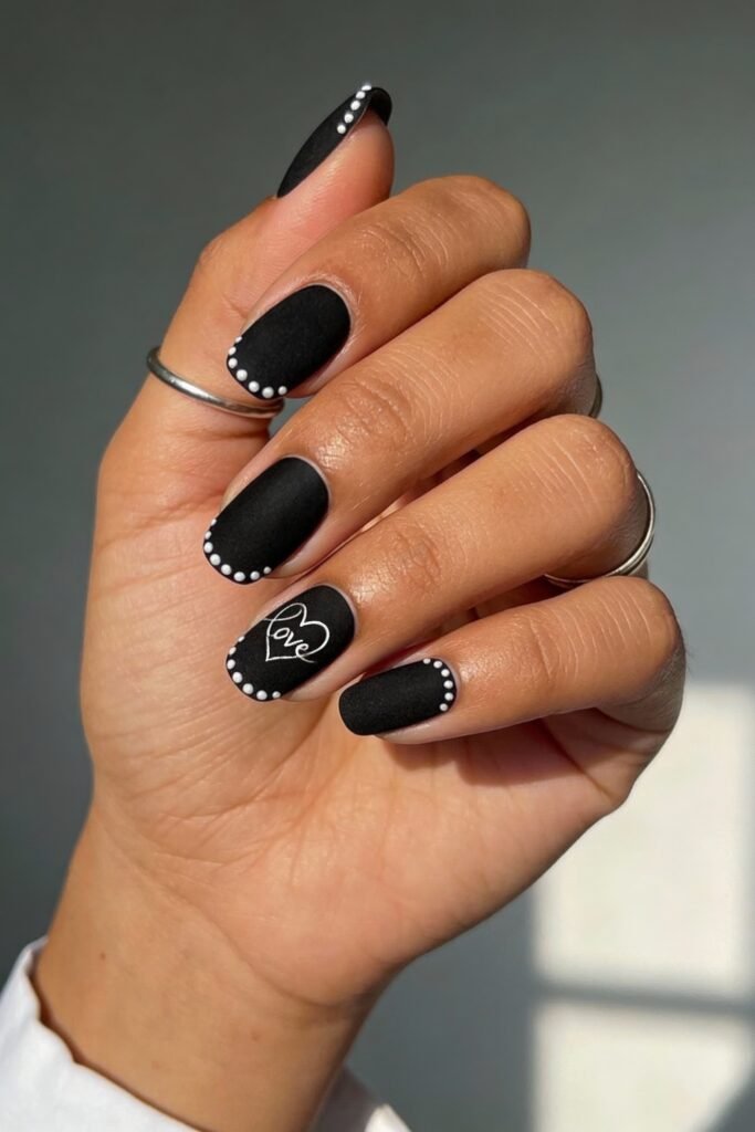 Black Valentines Day Nails That Feel Chic And Romantic 8 Matte black valentines day nails with short square shape, pearl-like dot borders, and a heart design with the word “love” on the ring finger for a cute and elegant vibe.