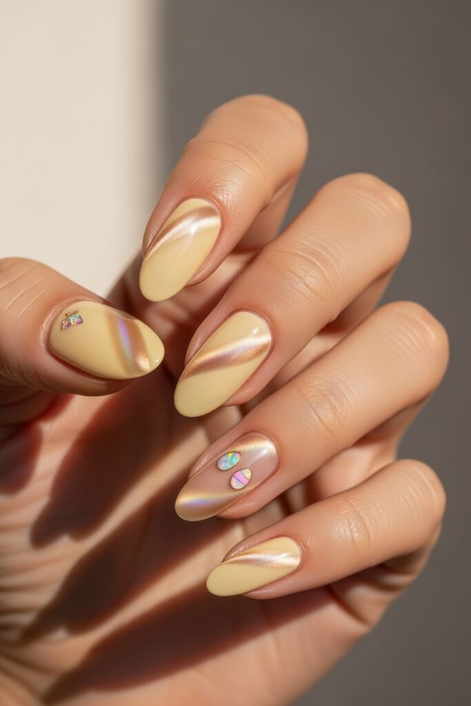 Almond-shaped nails with pale yellow and golden shimmer polish, accented by small iridescent embellishments including tiny Easter egg-inspired decals.