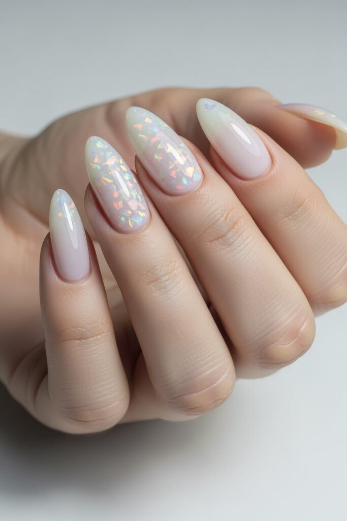 Milky White With Chrome Nails That Look Luxe 9 Long almond nails with a milky white base and shimmering iridescent flakes on select nails, creating a playful, opalescent effect.