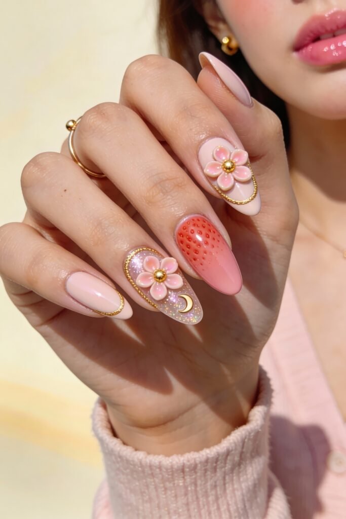 Soft pink and gold nails adorned with 3D pink flower designs, glitter, a crescent moon charm, and one nail with a red dotted strawberry-inspired pattern.