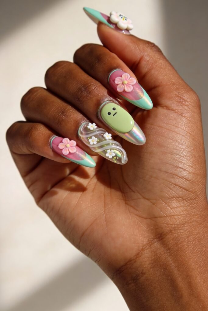 Almond-shaped nails with a playful pink and green palette featuring iridescent chrome finishes, 3D flowers, daisies, and a cute green character face for a whimsical pink and green nails design.