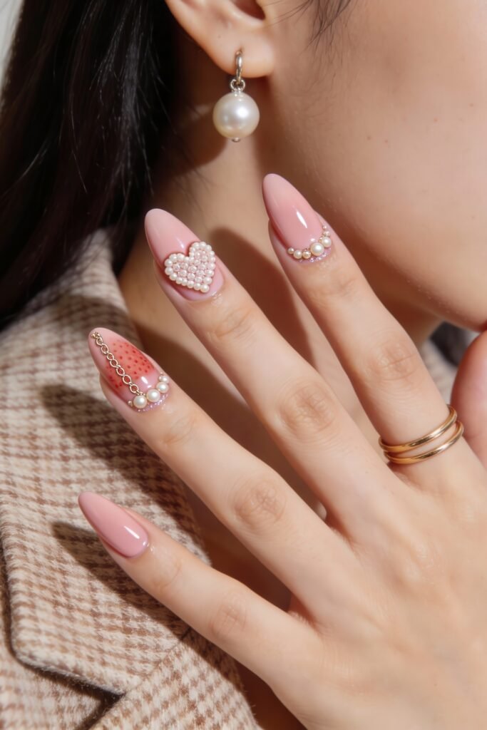 Pink Valentines Nails That Feel Chic, Glossy, and New 9 Glossy almond-shaped pink valentines nails adorned with pearls, a textured heart, and gold chain embellishments for an elegant romantic look.