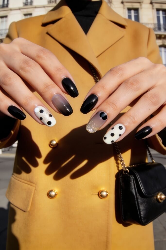 Chic manicure featuring black and white nails with ombré, glitter fades, and polka dot designs, styled outdoors for a polished street style nails statement.