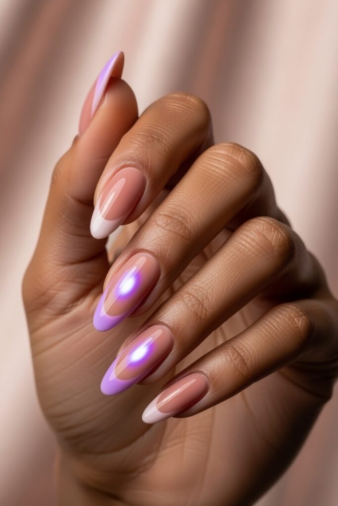Fresh, Luxe Spring Nail Designs You’ll Want to Save 10 Almond-shaped nails featuring a glossy nude base with dual-tone French tips in white and pastel purple, creating a fresh and playful spring nails look.