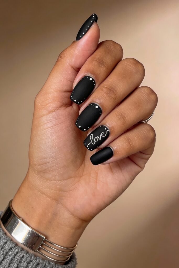 Black Valentines Day Nails That Feel Chic And Romantic 9 Another matte black valentines day nails look with white dotted accents and “love” written in cursive on the ring finger, offering a sweet and minimal design.