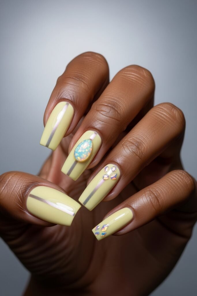 Glossy pastel yellow square nails with iridescent striping and 3D embellishments, including an egg-shaped gem, creating a bold and modern Easter nails look.