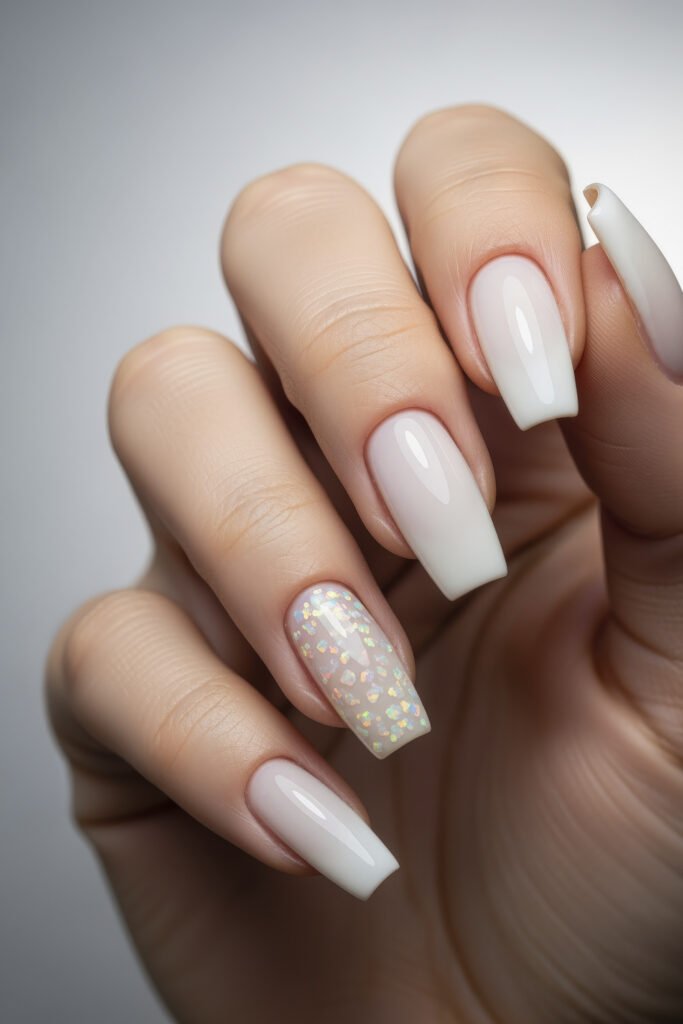 Milky White With Chrome Nails That Look Luxe 10 Square-shaped nails in a soft milky white finish, with one accent nail featuring a clear base and scattered iridescent flakes for added sparkle.