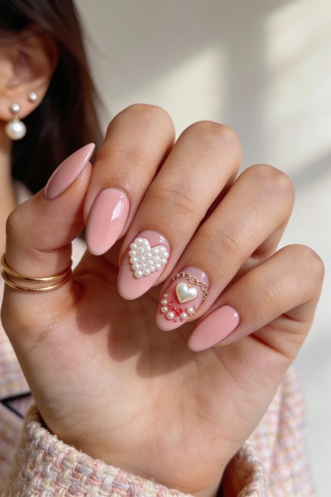 Pink Valentines Nails That Feel Chic, Glossy, and New 10 Glossy almond-shaped pink valentines nails with 3D pearl hearts and gold chain accents framing a central heart charm.