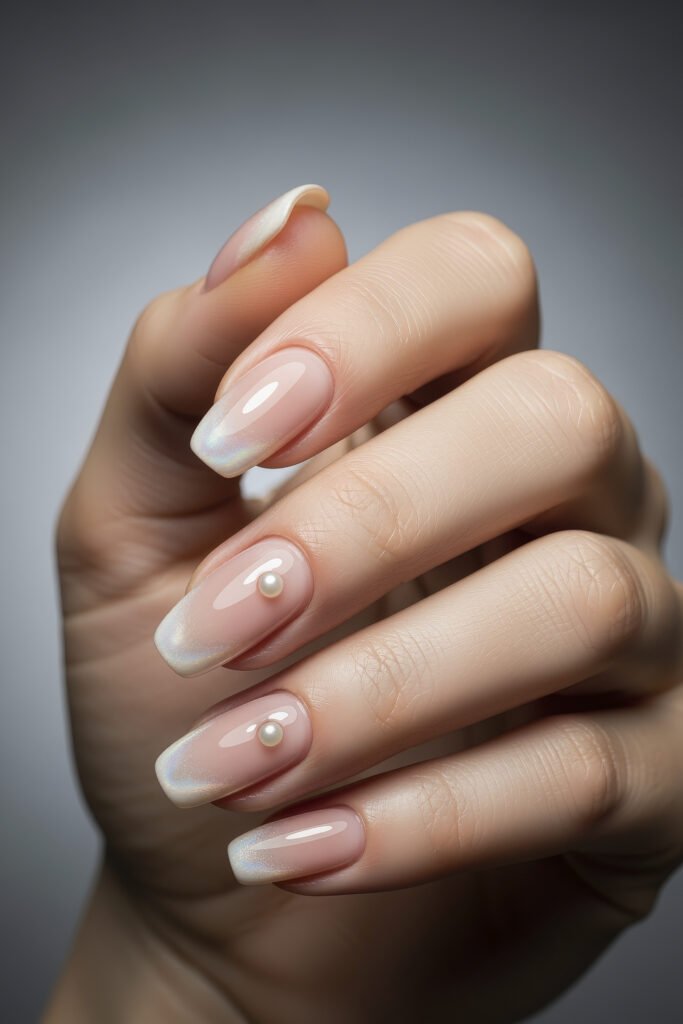 Short square acrylic nails with a soft iridescent shimmer and small pearl accents, offering an elegant and minimalist nail design.