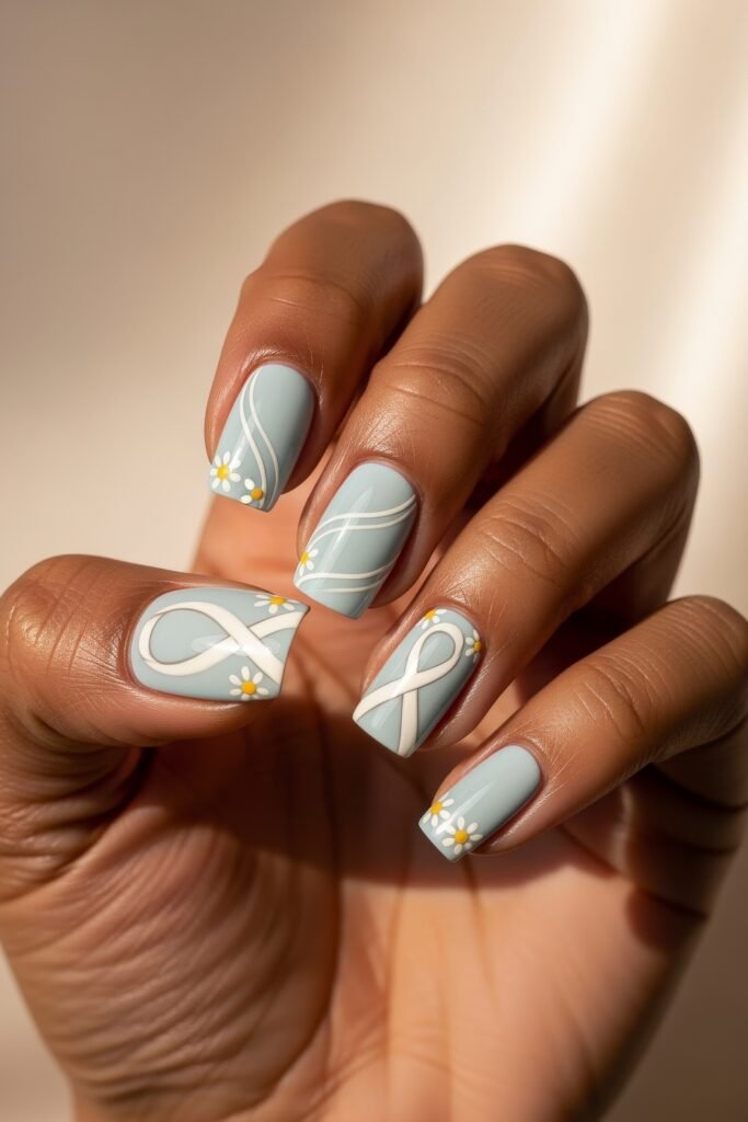 Square pastel blue nails with delicate white ribbons, swirls, and daisy accents, offering a soft and symbolic touch suitable for spring or Easter nail designs.