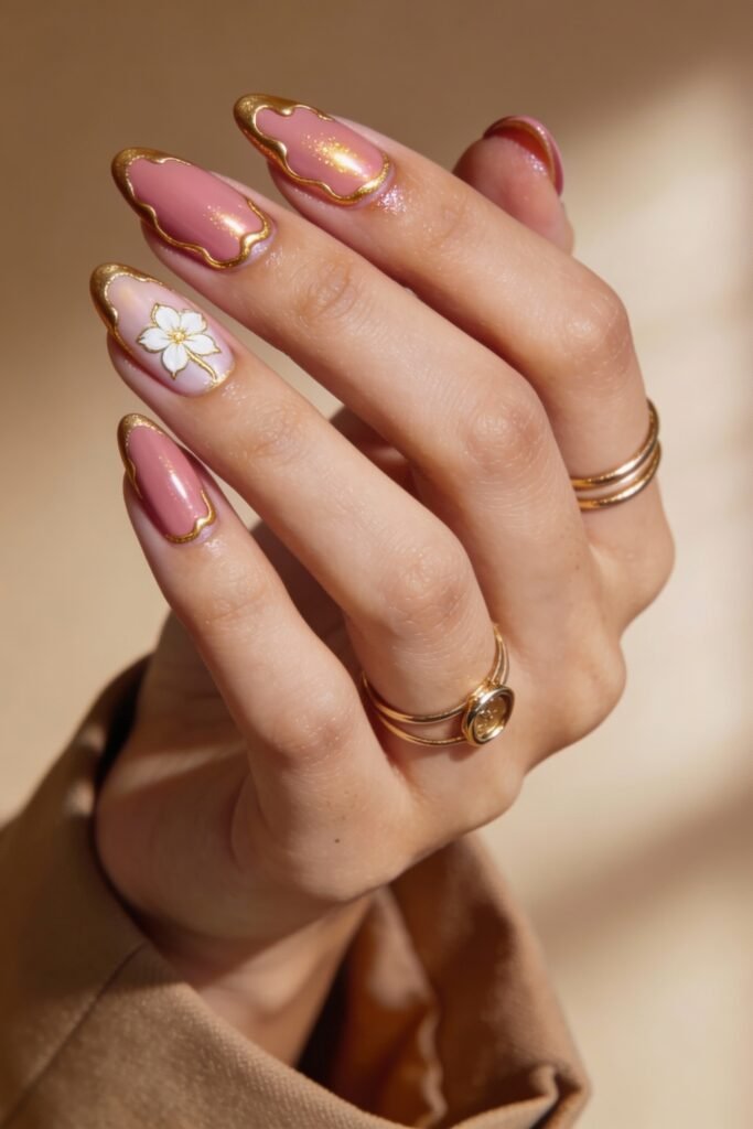Almond-shaped nails in warm pink tones with wavy gold borders and a white flower detail on a soft pink base.