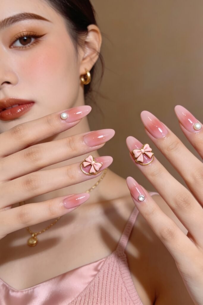 Pink Valentines Nails That Feel Chic, Glossy, and New 11 Elegant pink valentines nails with a translucent ombré finish, featuring pearl and bow embellishments for a dainty, romantic look.