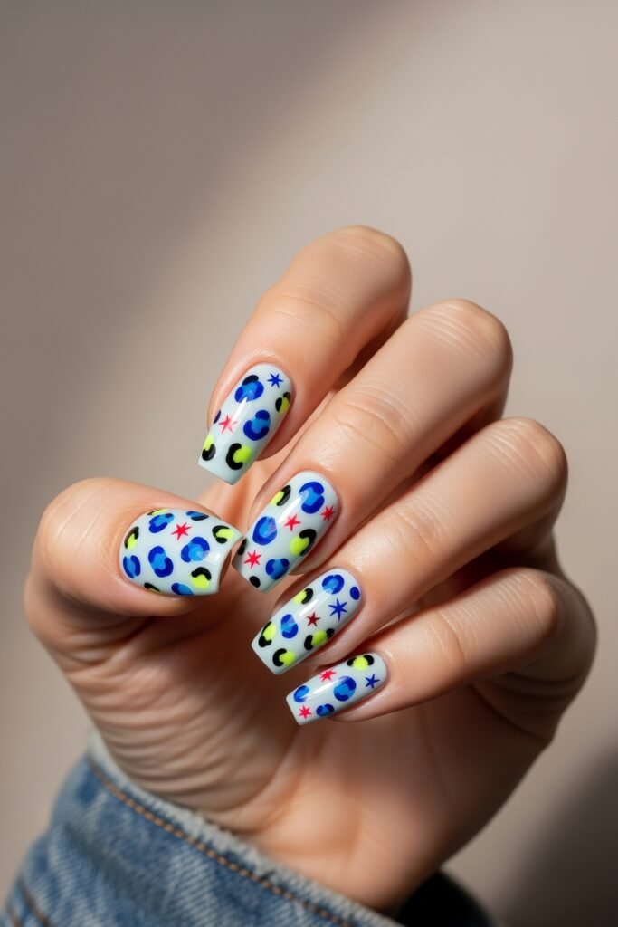 Swaggy Nails That Look Cool and Expensive 10 Short square nails painted in pastel blue with a playful mix of neon leopard spots and colorful celestial stars and moons, perfect for bold and quirky Nail Art Ideas.