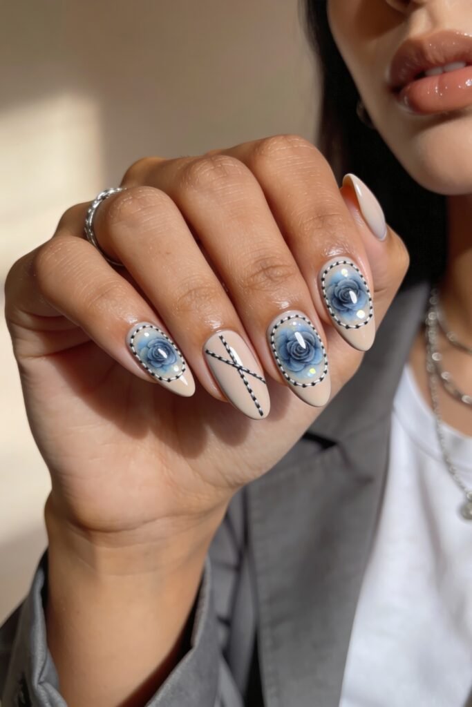 3d Nail Art Ideas That Look Luxe and Wearable 11 Beige almond nails with intricate 3d nail art of blue denim-look roses framed by stitched borders and dot accents, with one nail featuring a stitched crisscross detail.