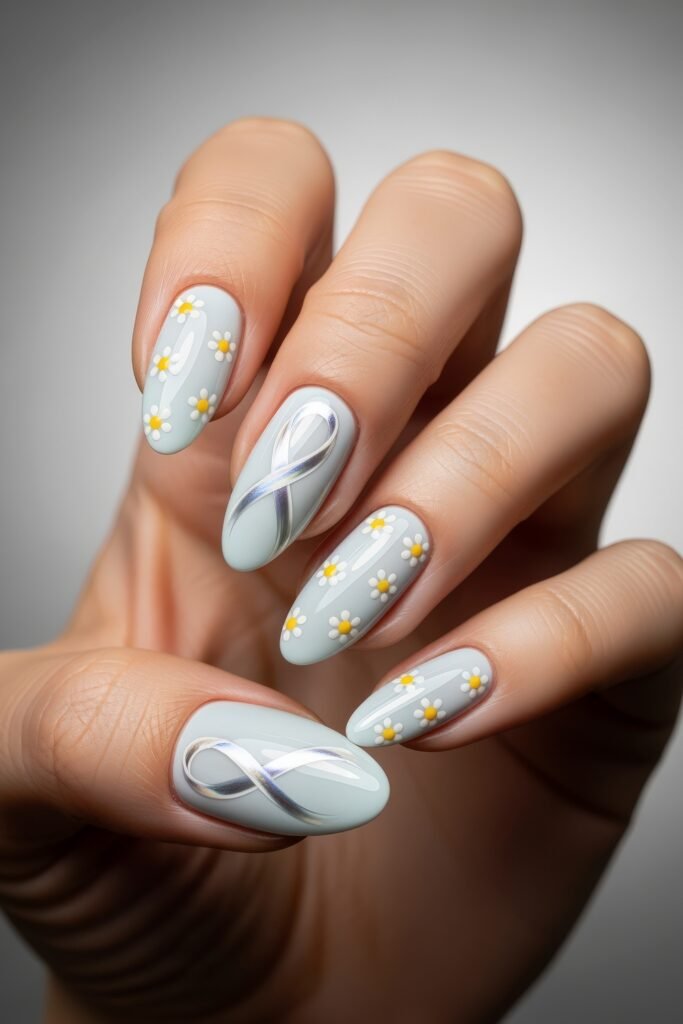Almond-shaped nails painted in pale blue, adorned with white metallic ribbon shapes and small yellow daisies, blending sweet floral charm with seasonal Easter nail designs.