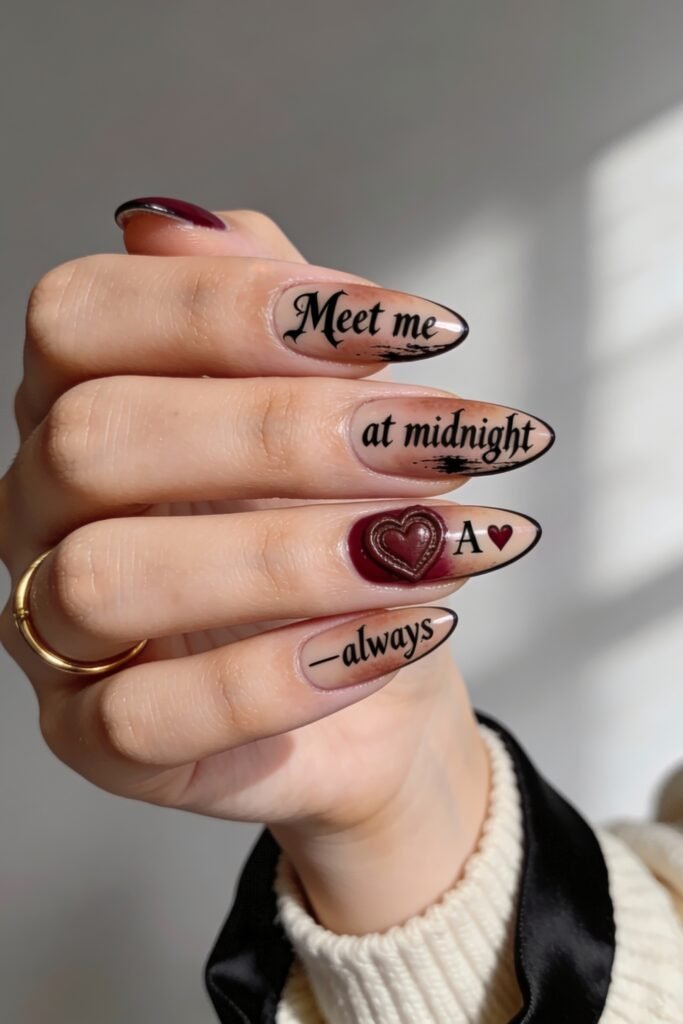 Gothic Valentines Nails That Feel Dark and Romantic 11 Almond-shaped gothic valentines nails with soft nude polish and black script reading “Meet me at midnight — always,” highlighted by a 3D red heart and subtle grunge strokes.
